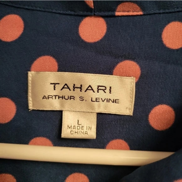 Tahari Retro Polka Dot Tie Button-Up Blouse Blue Pink Size Large EUC - Picture 5 of 6